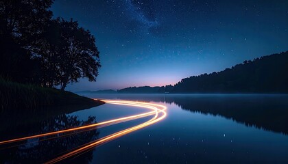 Long exposure photograph captures glowing light trails on a tranquil lake at night, with a starry sky and silhouetted landscape.