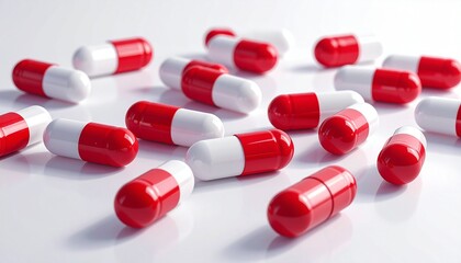 Scattered red-white capsules on reflective surface, evoking pharmaceutical precision and clinical tone.