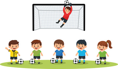 Cartoon children playing soccer, goalkeeper, referee, kids with balls, outdoor sports activity, teamwork, youth game, fun field scene