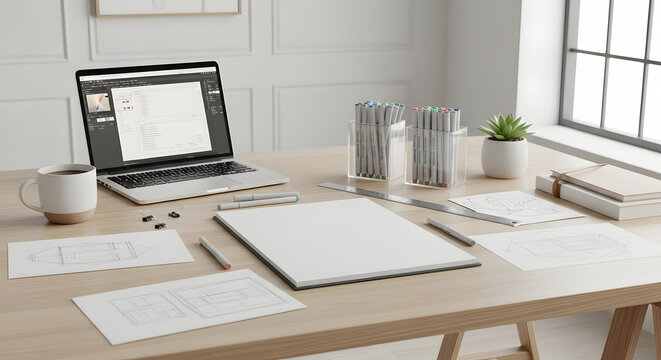 Designer's creative workspace with laptop displaying design software, markers, blank paper mockups, coffee cup, and books on a warm wooden desk.