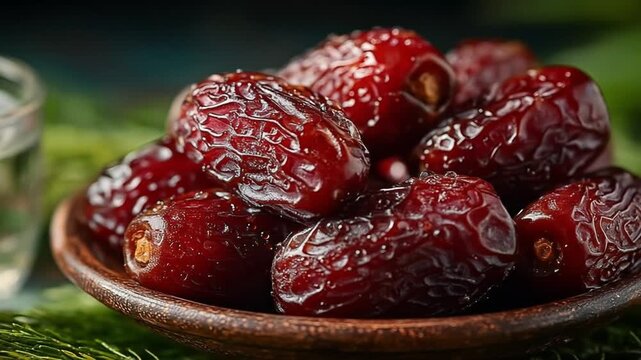 Close up of fresh dates in a bowl with drink in background