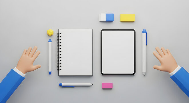 Playful 3D cartoon hands interacting with blank spiral notebook and tablet mockups, pens, and erasers on a neutral grey background, top view.