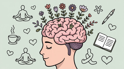 Brain with flowers symbolizing mental health and mindfulness vector illustration for wellness and self-care concepts