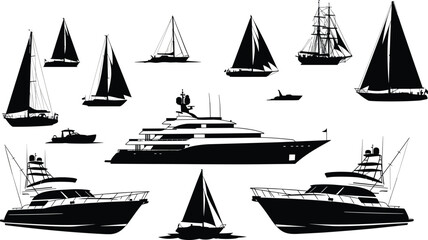 Illustration of a diverse collection of boats, including sailboats, yachts, and fishing boats, are silhouetted against a, showcasing various vessel types