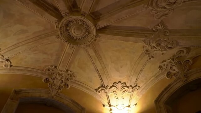 Ornate ceiling with decorative plasterwork, classic design, and architectural detail.