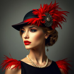 A captivating portrait of a sophisticated woman adorned with red feathers and an embellished hat, radiating elegance and allure