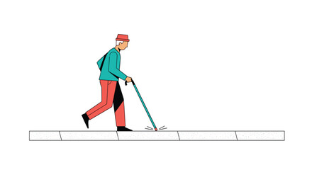 Person with cane walking confidently down sidewalk, navigation and determination, showing independence and resilience in daily life adventure