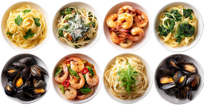 Eight assorted seafood pasta dishes with various sauces on white plates, top view