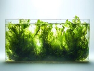 Lush green aquatic plants or algae densely growing within a clear rectangular water tank