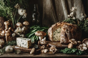 Rustic Still Life - Abundant Harvest of Crusty Bread, Cheese, and Forest Mushrooms.