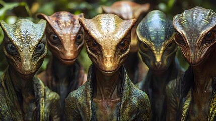 A group of diverse alien beings with textured skin and large eyes stands in a natural green environment