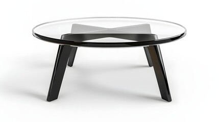 Modern round glass coffee table with a distinctive black geometric base isolated on white