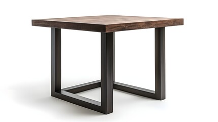 Modern square wooden table with dark metal frame isolated on a clean white background showcasing its simple elegance