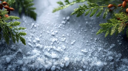 Frost-covered pine branches on icy ground with scattered ice crystals.