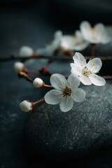 Delicate White Spring Blossoms and Buds on Dark Textured Stone, Softly Lit Macro.