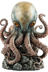 octopus sculpture with vibrant orange eyes and numerous tentacles poised on a dark rocky base
