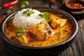 Aromatic Coconut Curry with Fluffy White Rice and Fresh Herbs, Served in a Rustic Bowl.