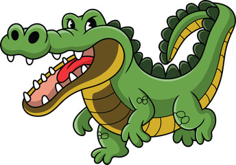 Cartoon crocodile illustration, green reptile character, funny animal drawing, children’s book mascot, playful vector, open mouth, sharp teeth, jungle