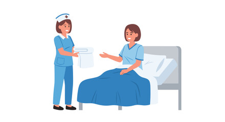 Caring nurse provides comfort and assistance to a smiling patient in a clean, modern hospital room, promoting healing and recovery