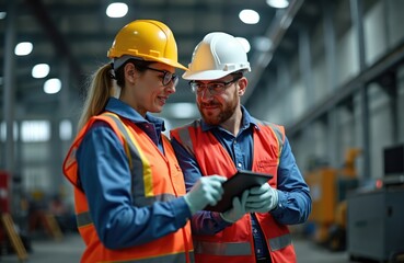 Man and woman in hard hats and safety vests discuss plans on tablet. They work together in factory setting reviewing data on digital device. Teamwork ensures project success and workplace safety.
