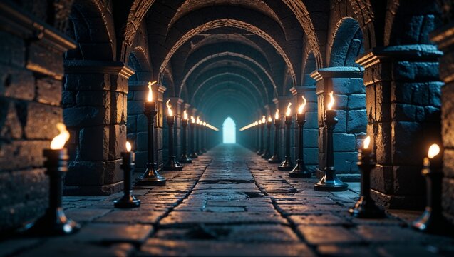 long medieval dungeon corridor stretching into the distance with repeating torches, arches and fog. highly detailed 3d fantasy environment with deep perspective. no people.