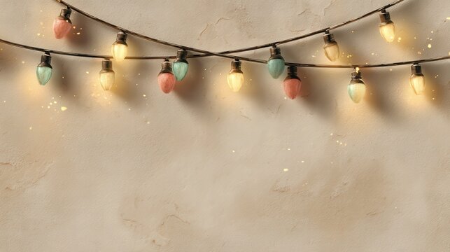 Vintage string lights glowing against a rustic beige textured wall background