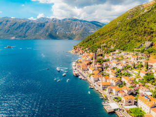 Historic town of Perast at famous Bay of Kotor in summer, Montenegro near Our Lady of the Rocks