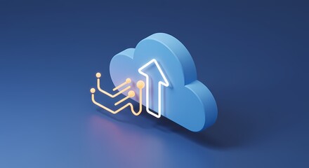 Cloud computing symbol with an upward arrow and digital connections on a blue gradient background