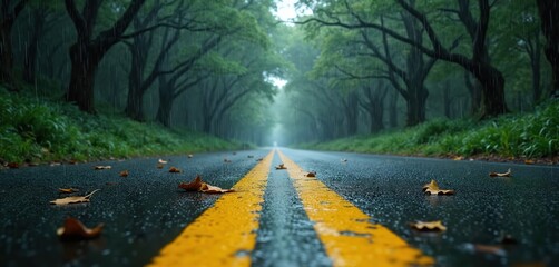 Wet asphalt road cuts through a dense green forest during rainfall. Fallen leaves rubbish the pavement and trees line the path. Foggy conditions create a moody atmosphere on this isolated journey.