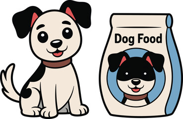 Cartoon dog sitting beside branded dog food bag, smiling pet character with black ears and collar, friendly packaging design