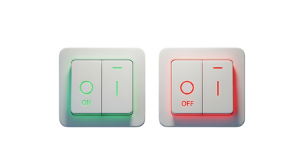 An illuminated green button displays on state while a red button displays off state on transparent background