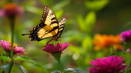 Obraz premium Eastern tiger swallowtail butterfly pollinating zinnia flowers in garden