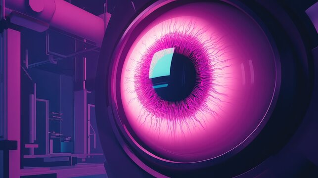 Cybernetic robot eye observing futuristic interior with neon light