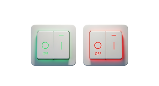 An illuminated green button displays on state while a red button displays off state on transparent background