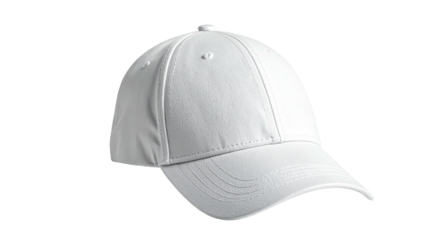 Plain white baseball cap on a stark black background