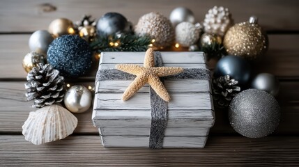 Christmas gift box with silver and gold decorative baubles on wooden table
