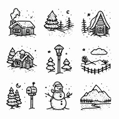 Winter doodle clipart set with small cabin, snowy pine tree, snowman, mailbox, lantern post, mountains, frozen pond, fence and snowfall cloud, minimal outlined elements isolated on white for packaging