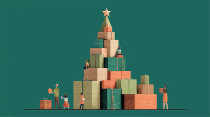 Christmas tree made from stacked recycled boxes with tiny people decorating for eco-friendly retail displays and sustainable branding, with space for text