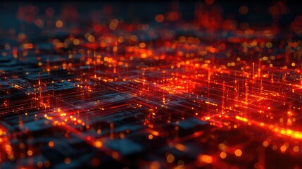 Digital data network connecting glowing circuit board elements