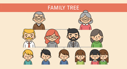 Cartoon family tree with three generations, grandparents, parents, and children in colorful outfits, visual genealogy and relationship concept