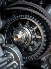 Close-up view of intricate gear mechanisms, timing belt in diesel engine electric generator. Precise metal components with rubber belt showcase industrial tech. Detailing demonstrates engineering
