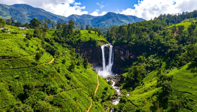A cascading waterfall in lush, terraced, green hills
