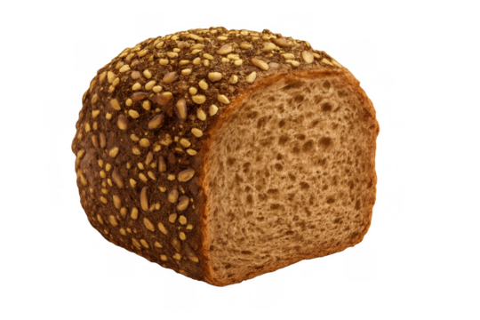 Half loaf of whole grain bread with seeds on top, indicating healthy eating, baking, and fresh food concepts