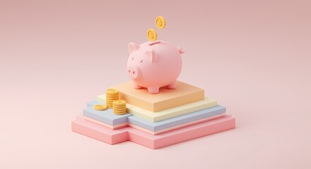 Cute pastel piggy bank on layered geometric platforms with coins, symbolizing savings and finance