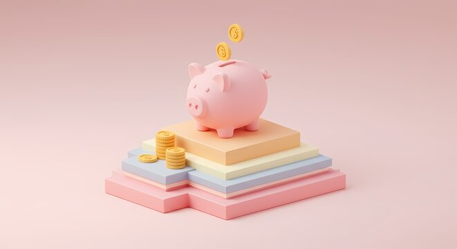 Cute pastel piggy bank on layered geometric platforms with coins, symbolizing savings and finance - Powered by Adobe