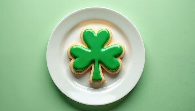 Top view of shamrock cookie on white plate. Green icing covers festive dessert for St Patricks Day. Traditional Irish treat on green background for holiday celebration.