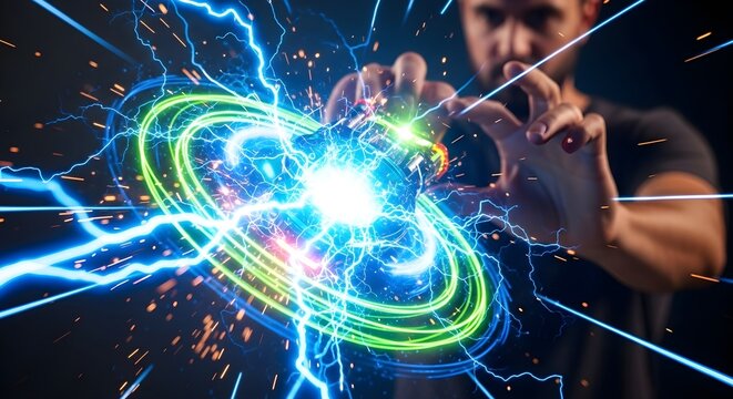 Man creating abstract energy vortex with blue and green light