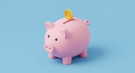 Cute pink piggy bank with a golden coin on a light blue background, symbolizing savings and finance