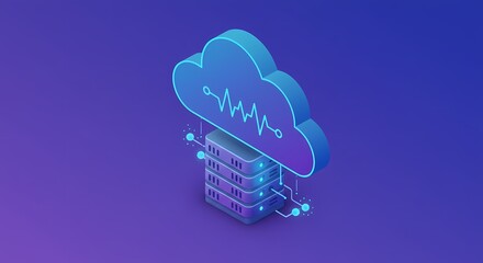 Digital cloud computing concept with server stacks and data visualization on a vibrant background