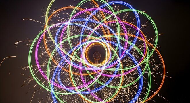 Vibrant light trails form intricate circular patterns with sparks